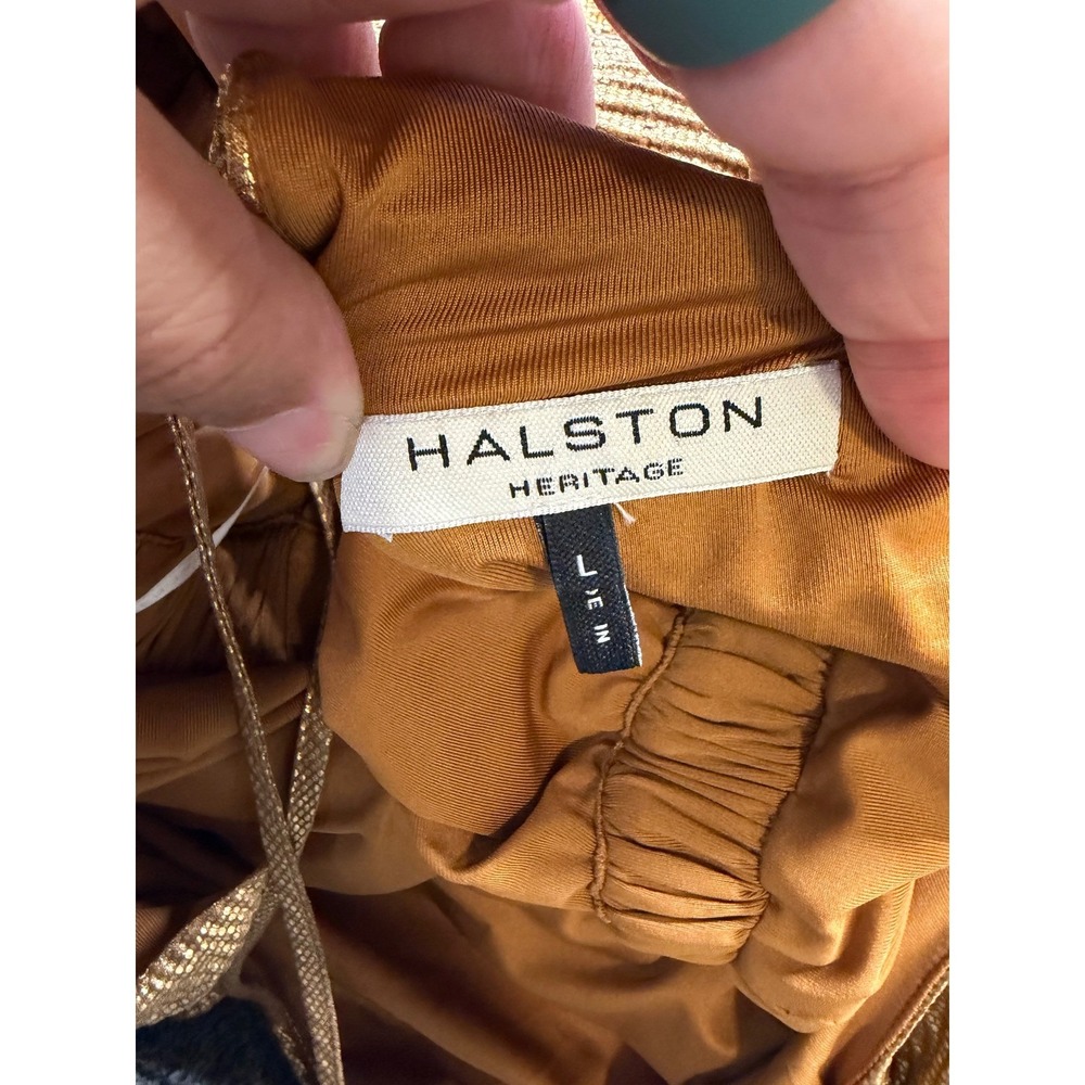 Halston Heritage Gold Metallic Pleated Halter Mini Dress Large Disco Cocktail - Picture 7 of 9